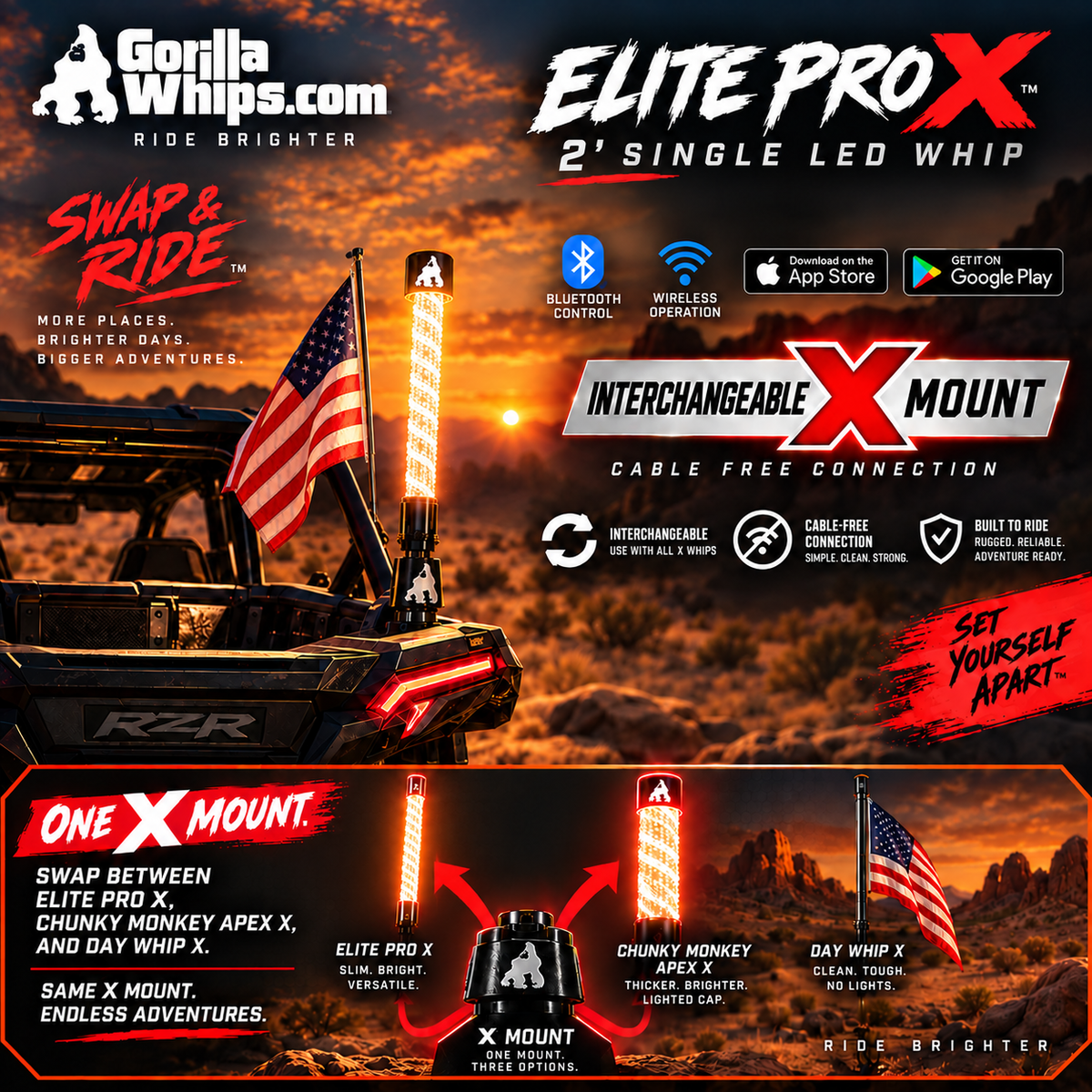 2' LED Whip Elite PRO X Single Whip