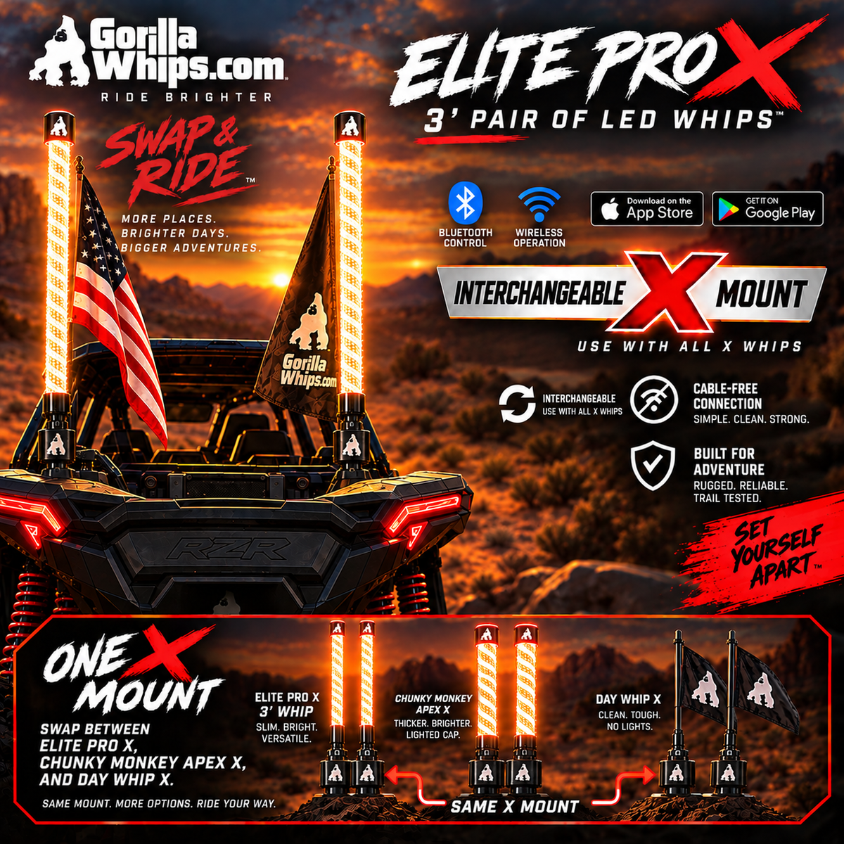 3' LED Whip Elite PRO X Pair of Whips