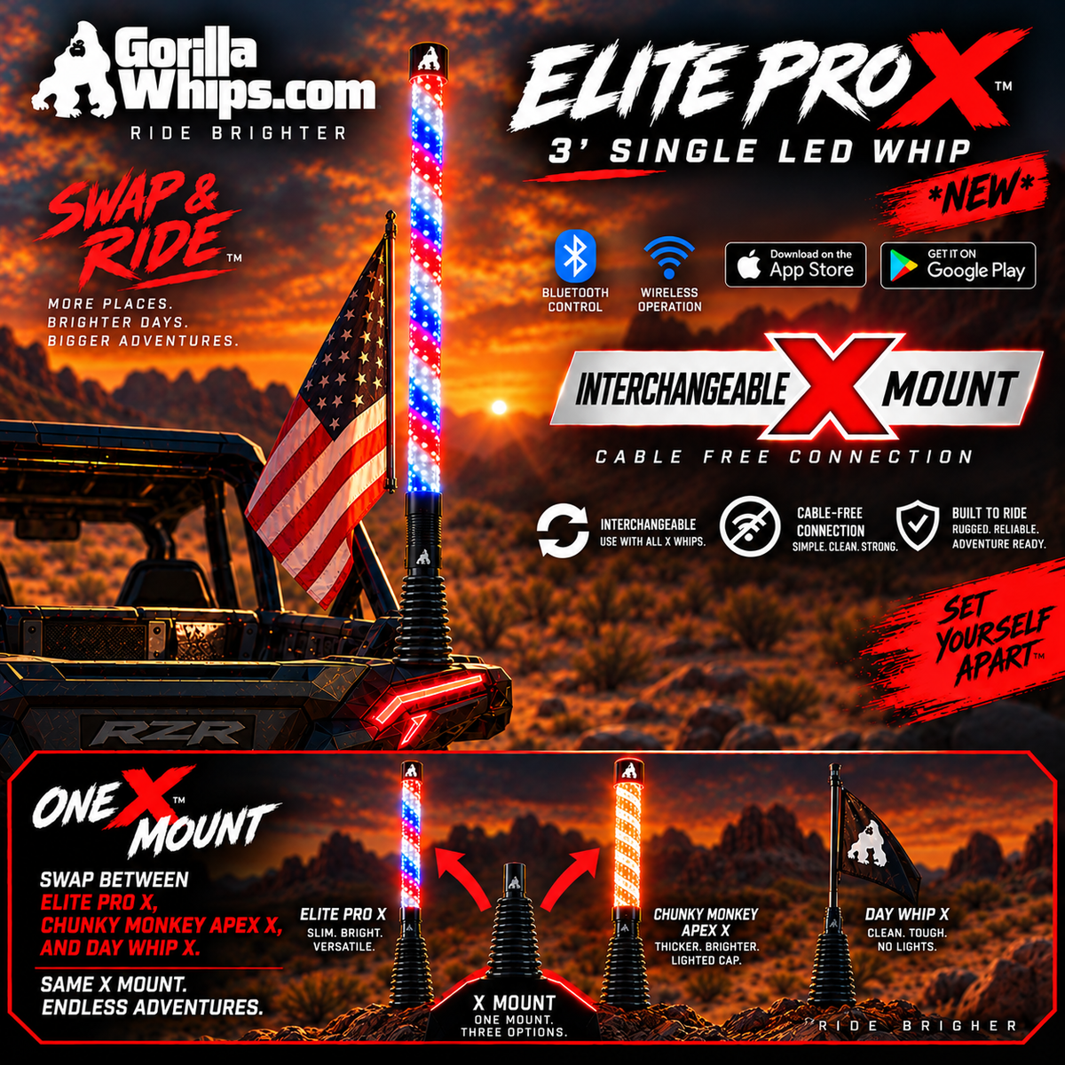 3' LED Whip Elite PRO X Single Whip *NEW*