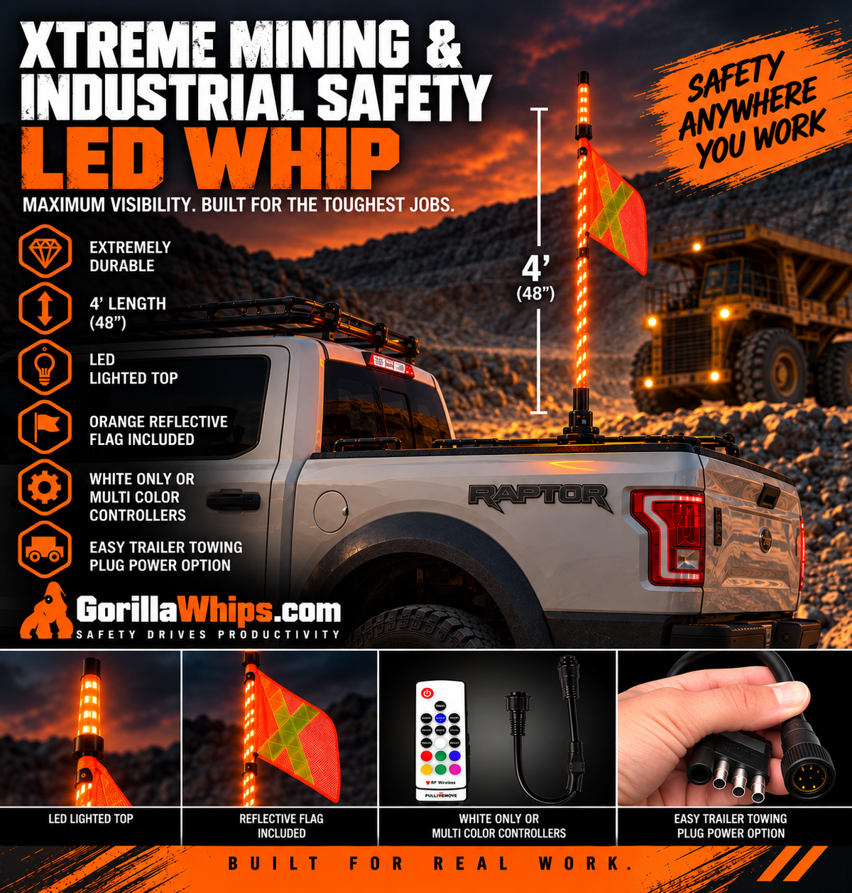 4' LED Whip Xtreme Mining Industrial Safety Single Whip