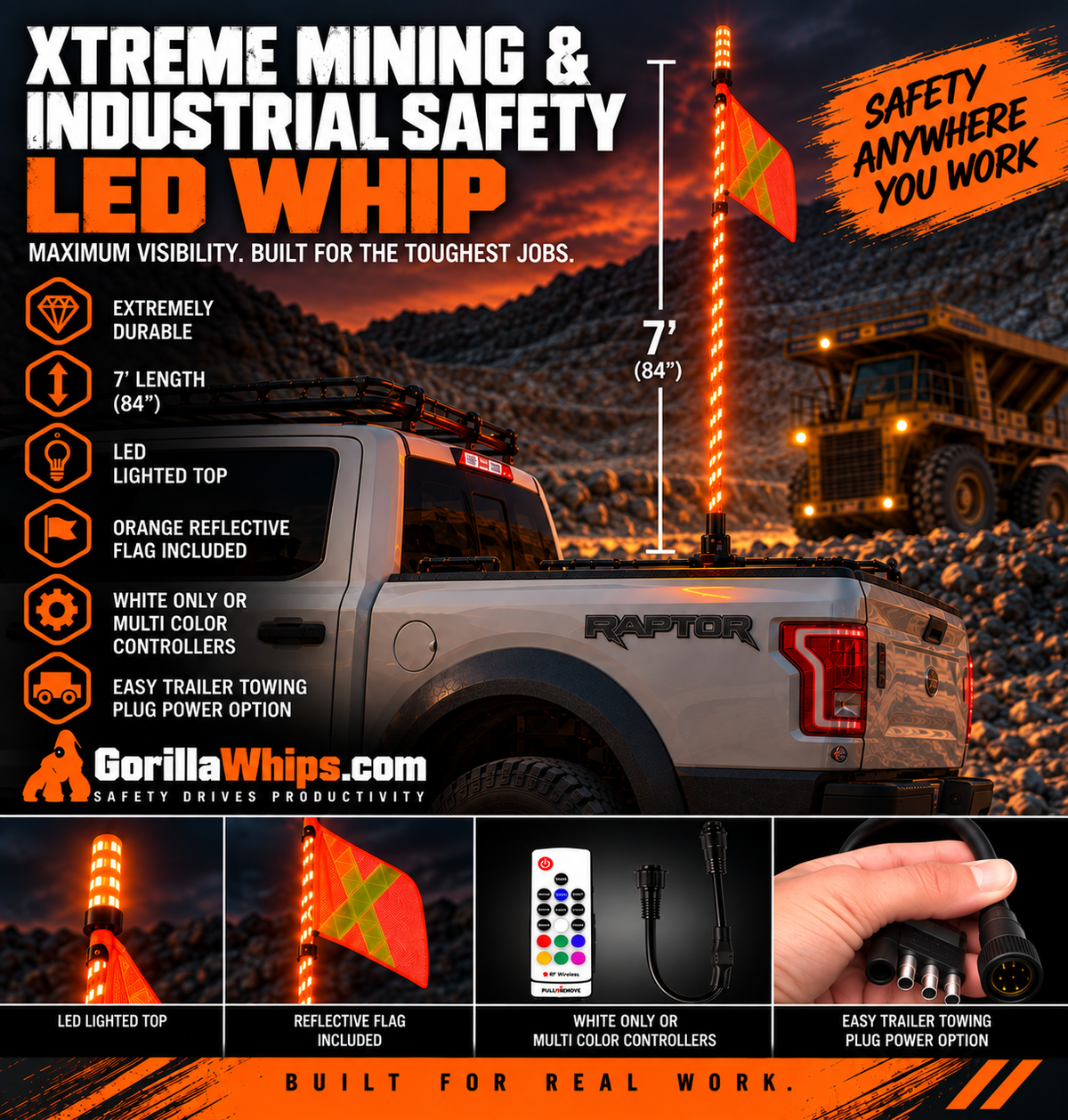 7' LED Whip Xtreme Mining Industrial Safety Single Whip