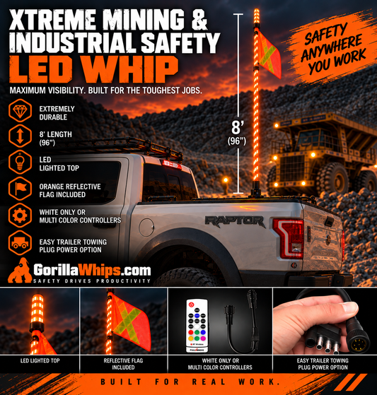 8' LED Whip Xtreme Mining Industrial Safety Single Whip