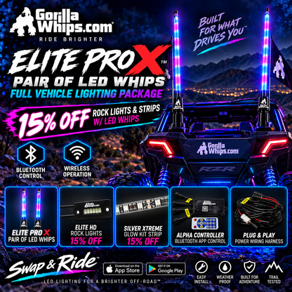 Elite PRO X LED Whips (Pair) - Full Vehicle Lighting Packages (15% Off Rock Lights & Strips W/ LED Whips)