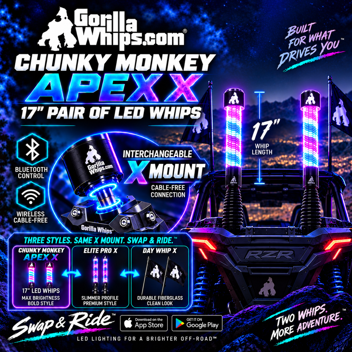 LED Whip Chunky Monkey Apex X Whip 17" Pair *NEW*