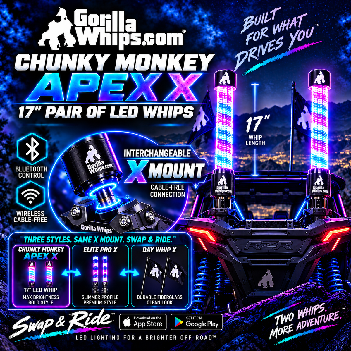 LED Whip Chunky Monkey Apex X Whip 17" Pair