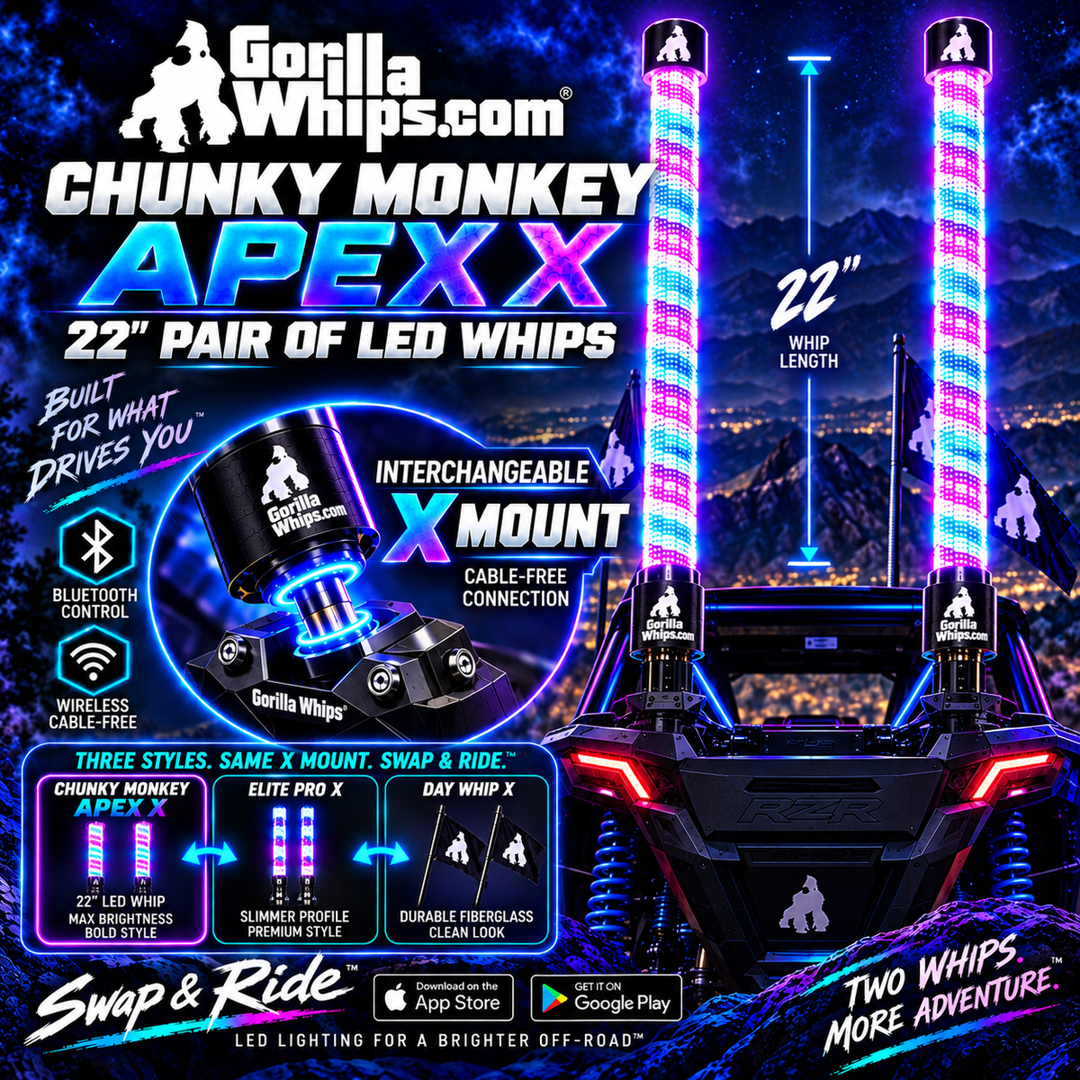 LED Whip Chunky Monkey Apex X Whip 22" Pair